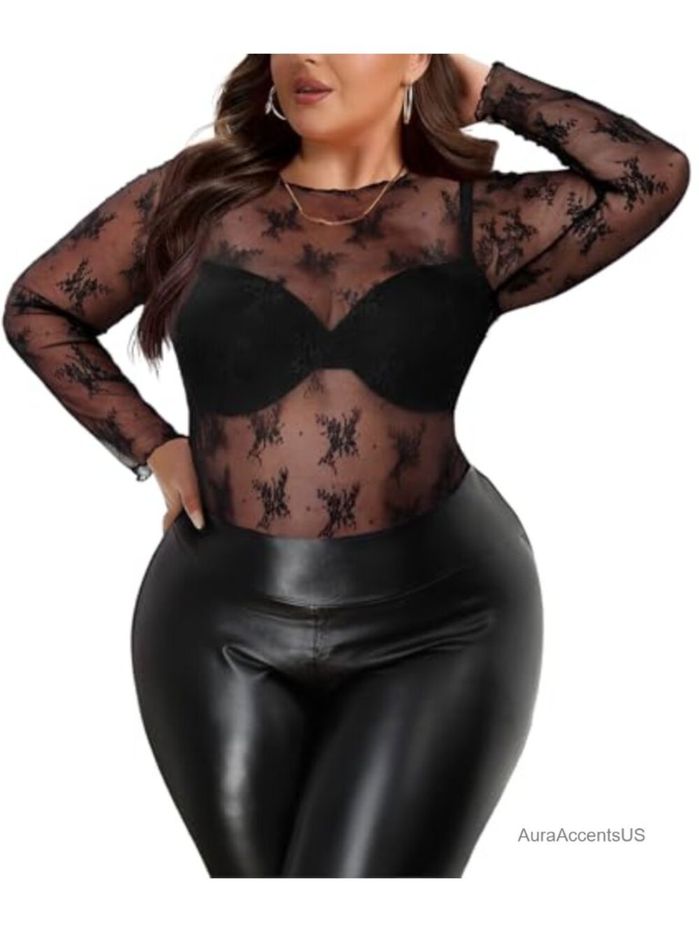 Plus Size Mesh Sheer Lace Long Sleeve Blouse Mock Neck See Through Clubwear Top